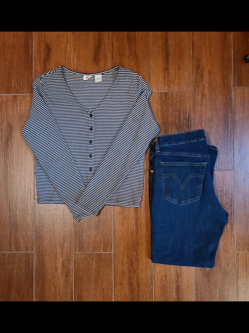 Levi's Women's Navy Blue Boyfriend Jeans and Levi Striped Top